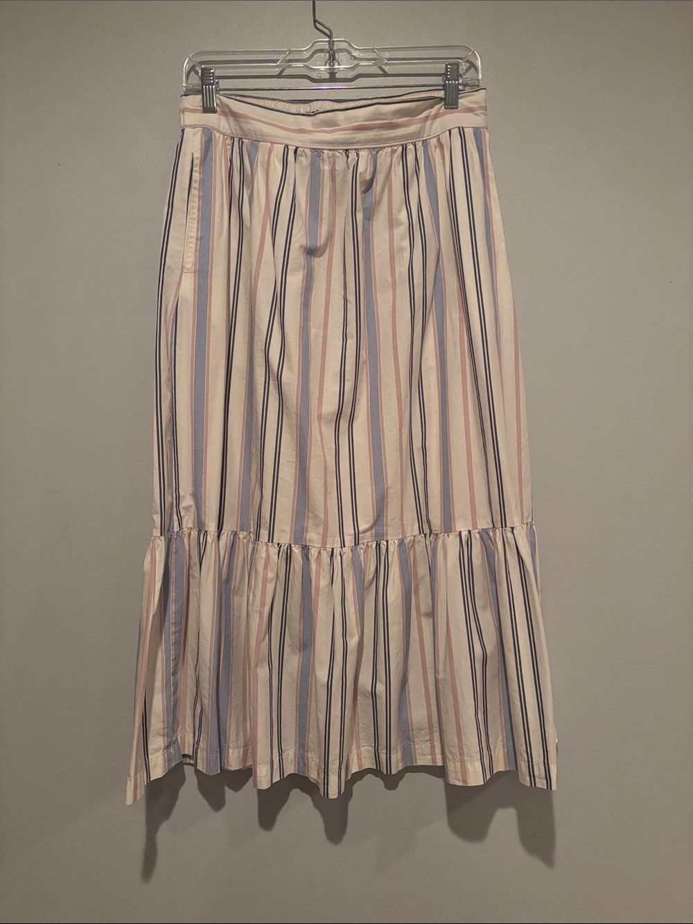 a new day Pastel Pink, Blue & Cream Vertical Stripe Tiered Maxi Skirt